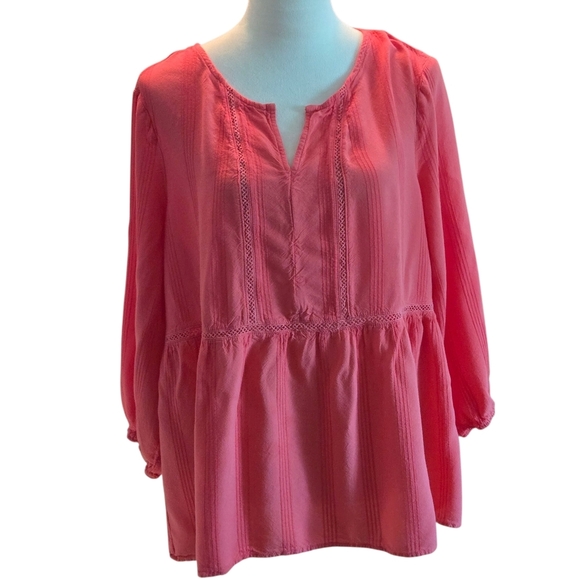 fever Women's XL Coral Blouse Textured Stripes 3/4 Sleeve Open Weave Eye Hook - Picture 5 of 12